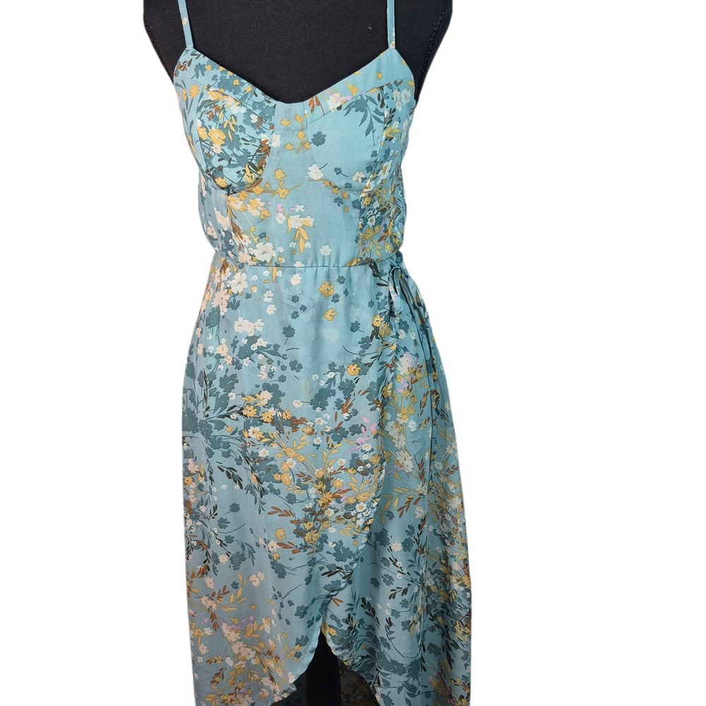 Lily Rose Floral High Low Dress Womens Size Small Teal Blue Bustier Wrap Style
